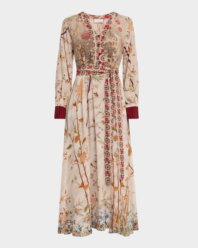 Floral & Bird-Print Silk Maxi Dress